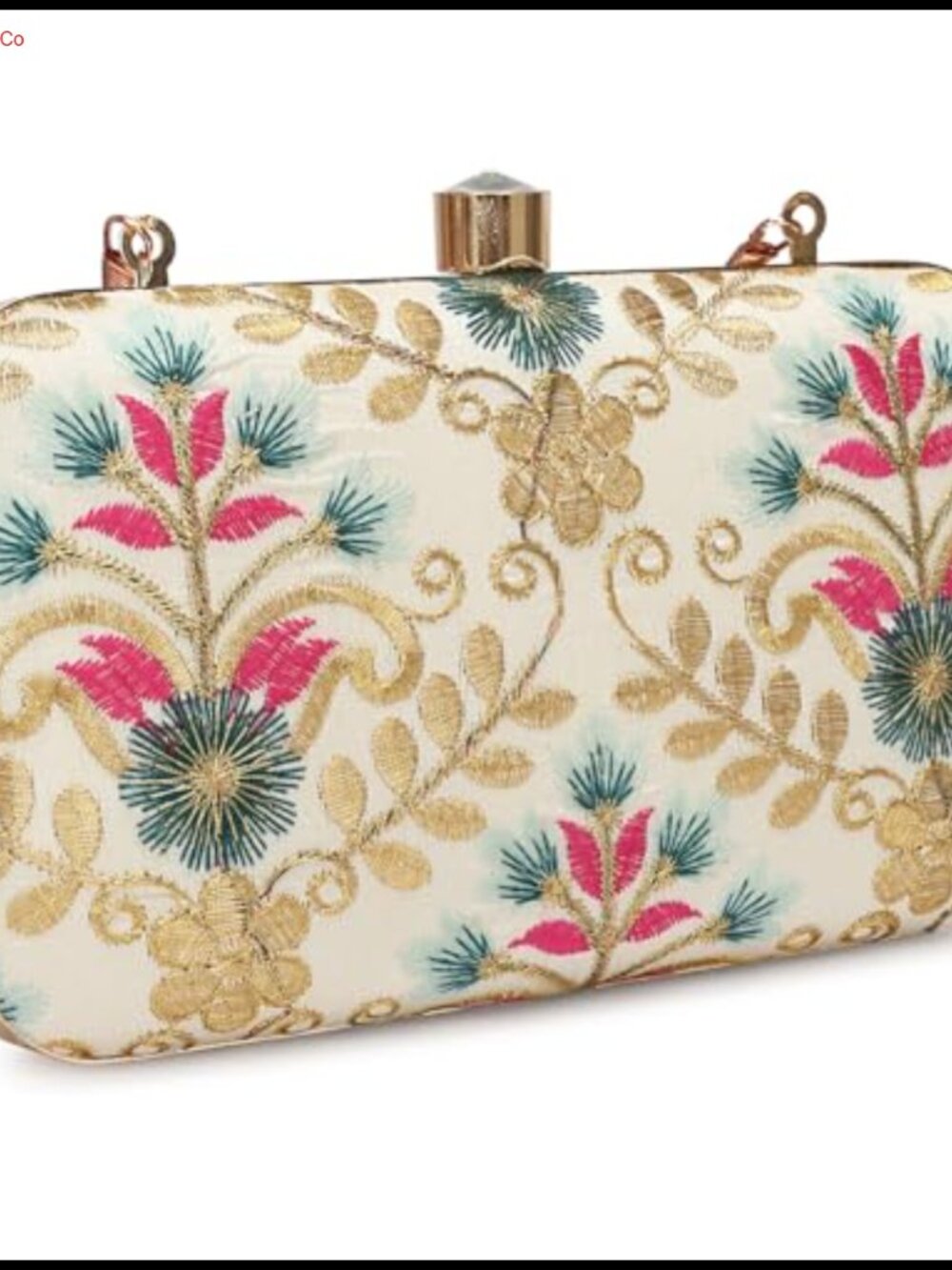 Hand Crafted Zari Embroidery Box Clutch with Detachable Gold Chain Strap